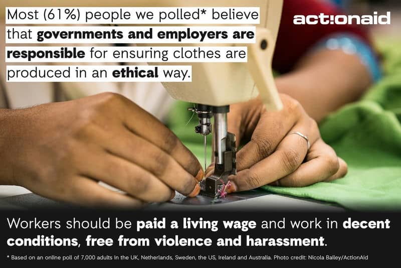 Worker sewing fabric, highlighting ethical clothing production and fair wages as supported by ActionAid poll results.