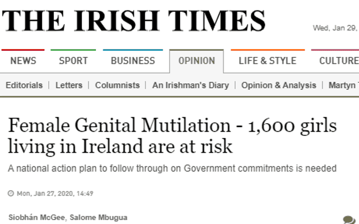 The Irish Times headline on FGM risk affecting 1,600 girls in Ireland, highlighting the need for government action.