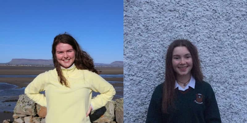 Two smiling girls, one by a coastal landscape and the other in front of a textured wall, showcasing different settings.