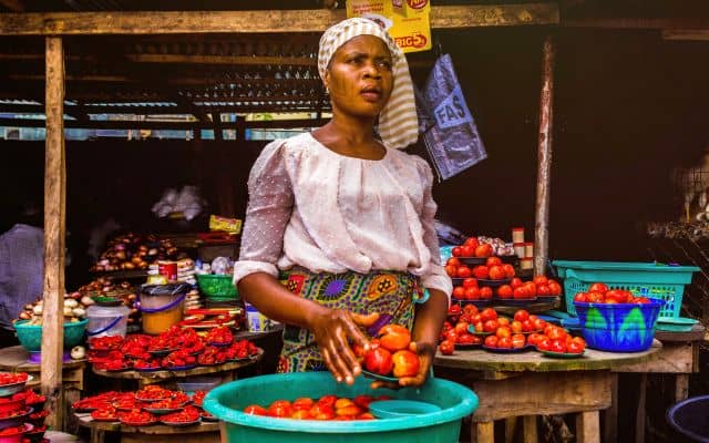 Woman selling fresh tomatoes at a vibrant market stall, surrounded by baskets and vibrant produce.