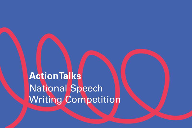ActionTalks National Speech Writing Competition logo with red abstract wave on blue background.