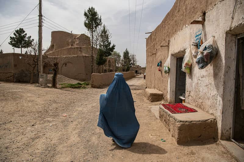 Person in blue attire walking down a rustic village street with clay buildings and trees.