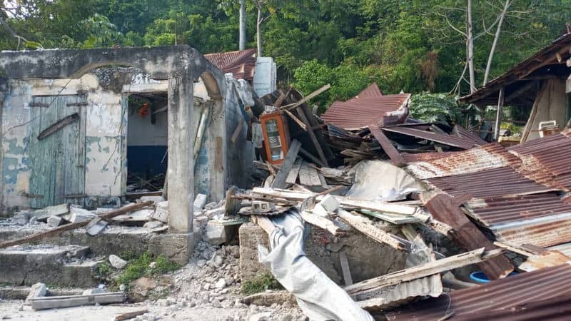 Collapsed buildings and debris after a natural disaster, surrounded by greenery.