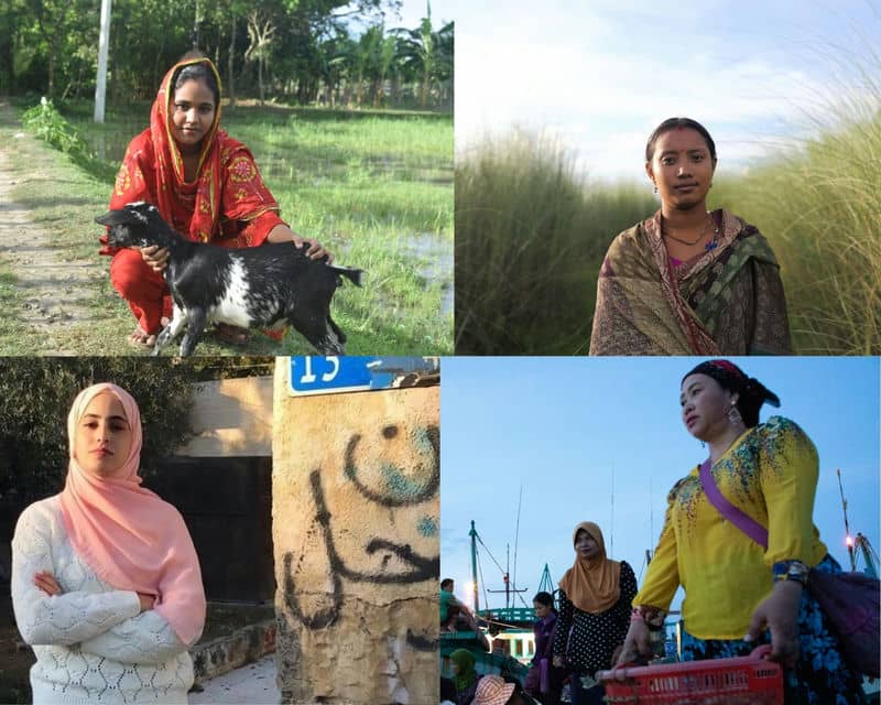 Diverse women in cultural outfits: farming, rural landscape, urban scene, and outdoor market. Empowerment and diversity.