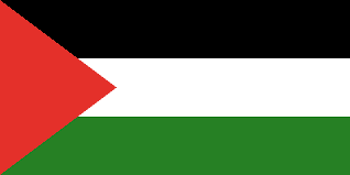 Flag of Palestine featuring horizontal black, white, and green stripes with a red triangle on the left.