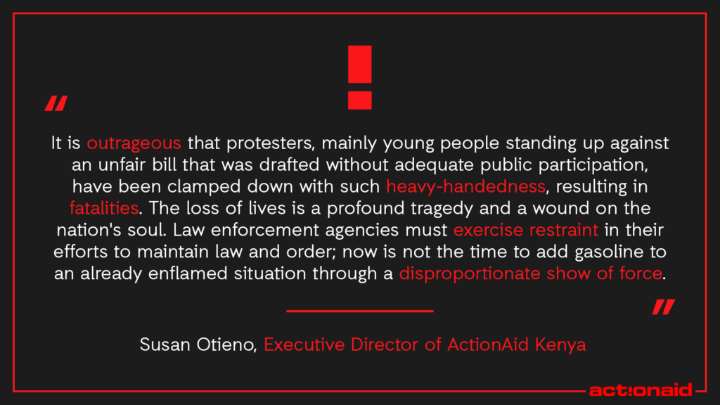 Quote on protest and enforcement by Susan Otieno, Executive Director of ActionAid Kenya, with red text emphasis.