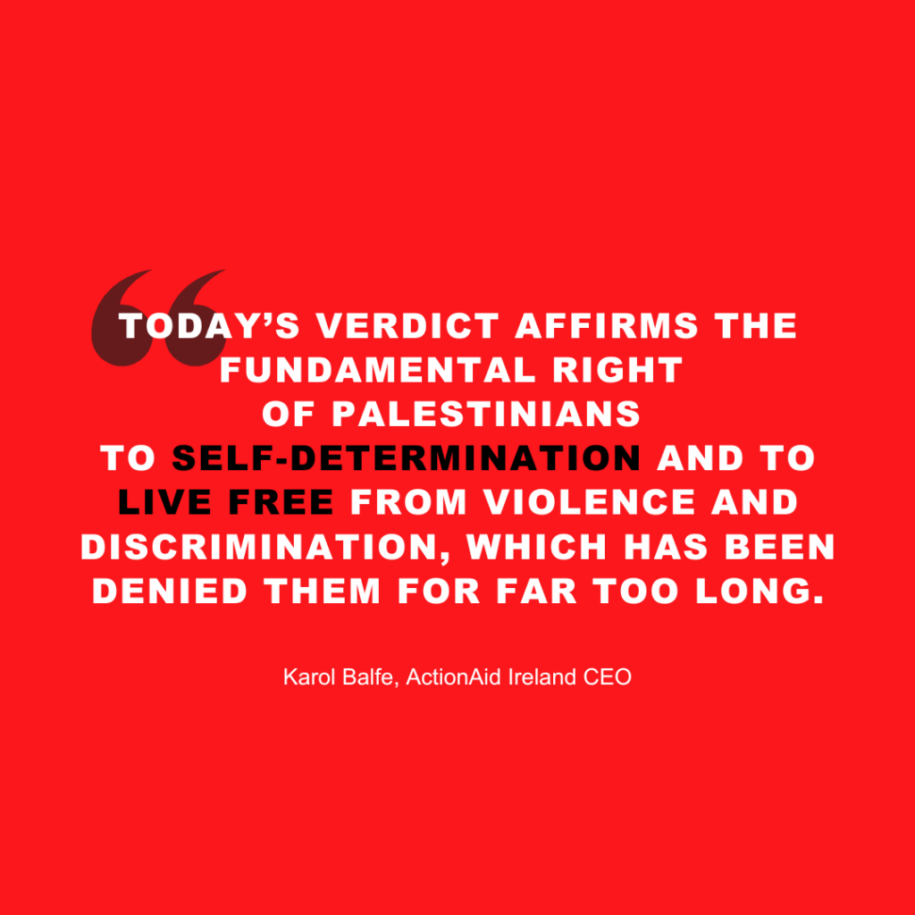 Quote on Palestinian rights to self-determination and freedom, by ActionAid Ireland CEO, on a red background.