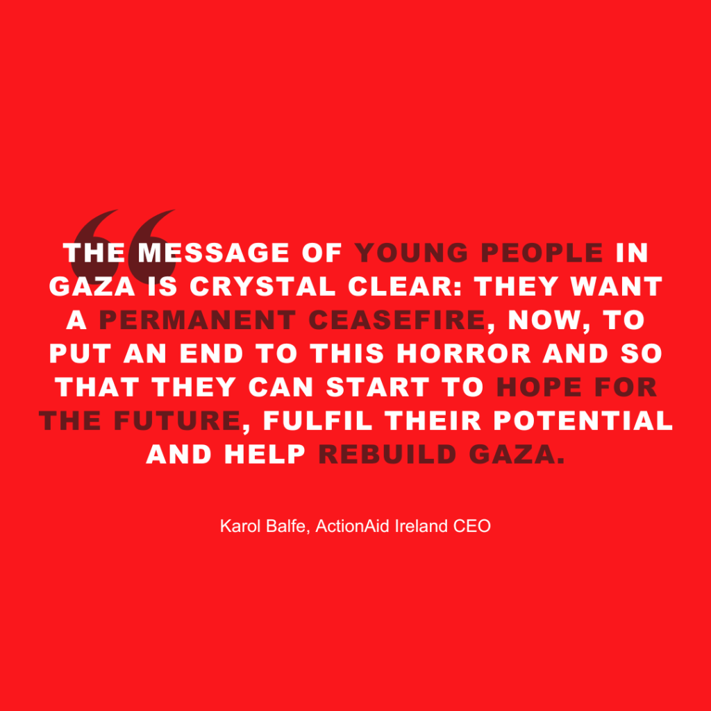 Quote on red background advocating for peace and a permanent ceasefire in Gaza, highlighting hope for the future.