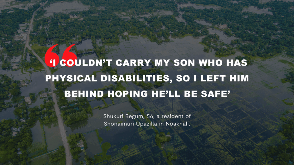 Aerial view of Shonaimuri Upazilla flood with impactful quote about leaving a son with disabilities behind.