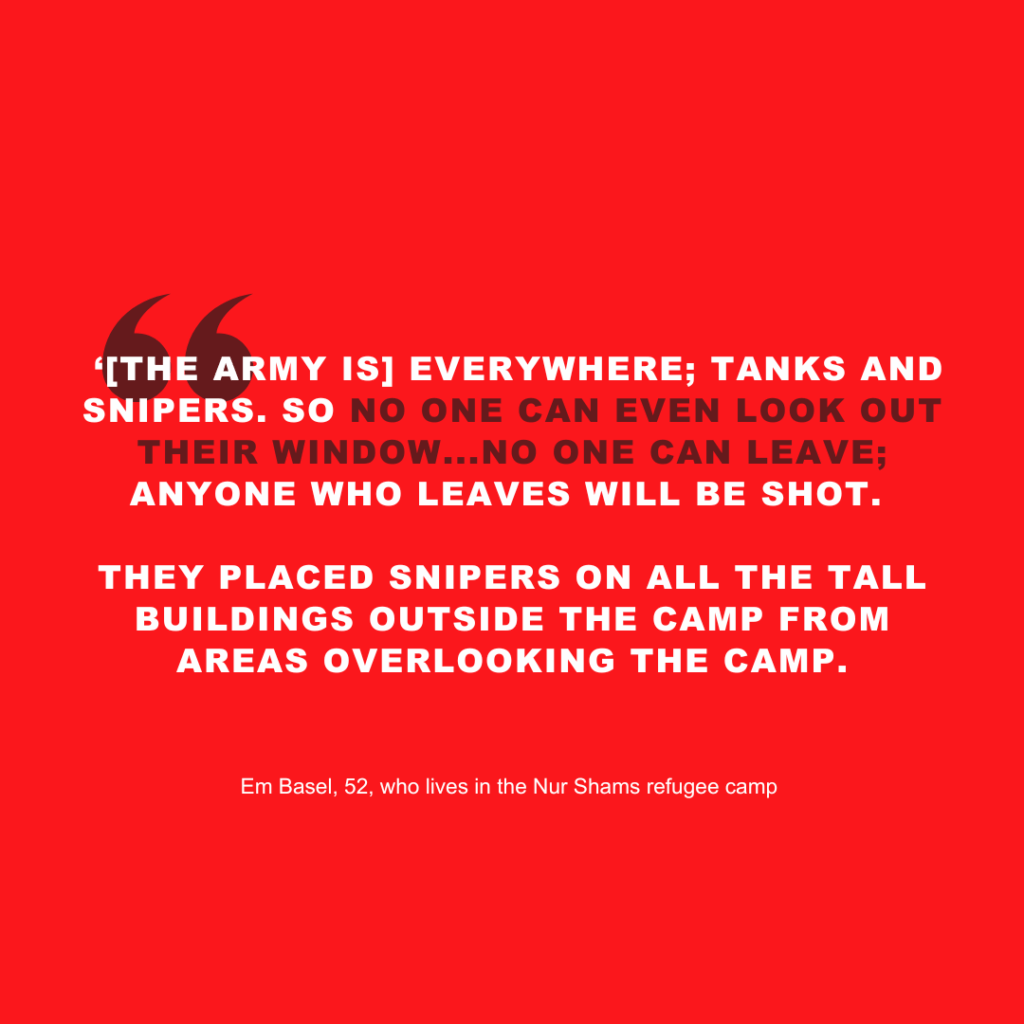 Text on red background: The army is everywhere; tanks and snipers. No one can leave or look out the window.