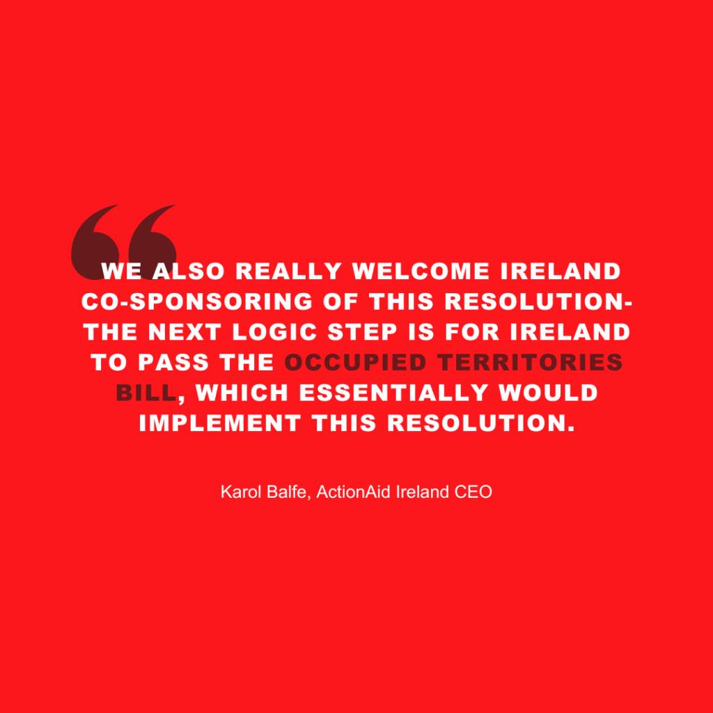 Quote about Ireland's support for the Occupied Territories Bill by Karol Balfe, ActionAid Ireland CEO, on red background.