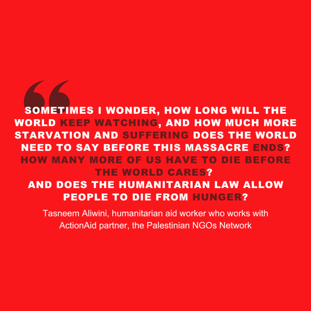 Quote about global inaction and humanitarian law by Tasneem Aliwini on a red background.