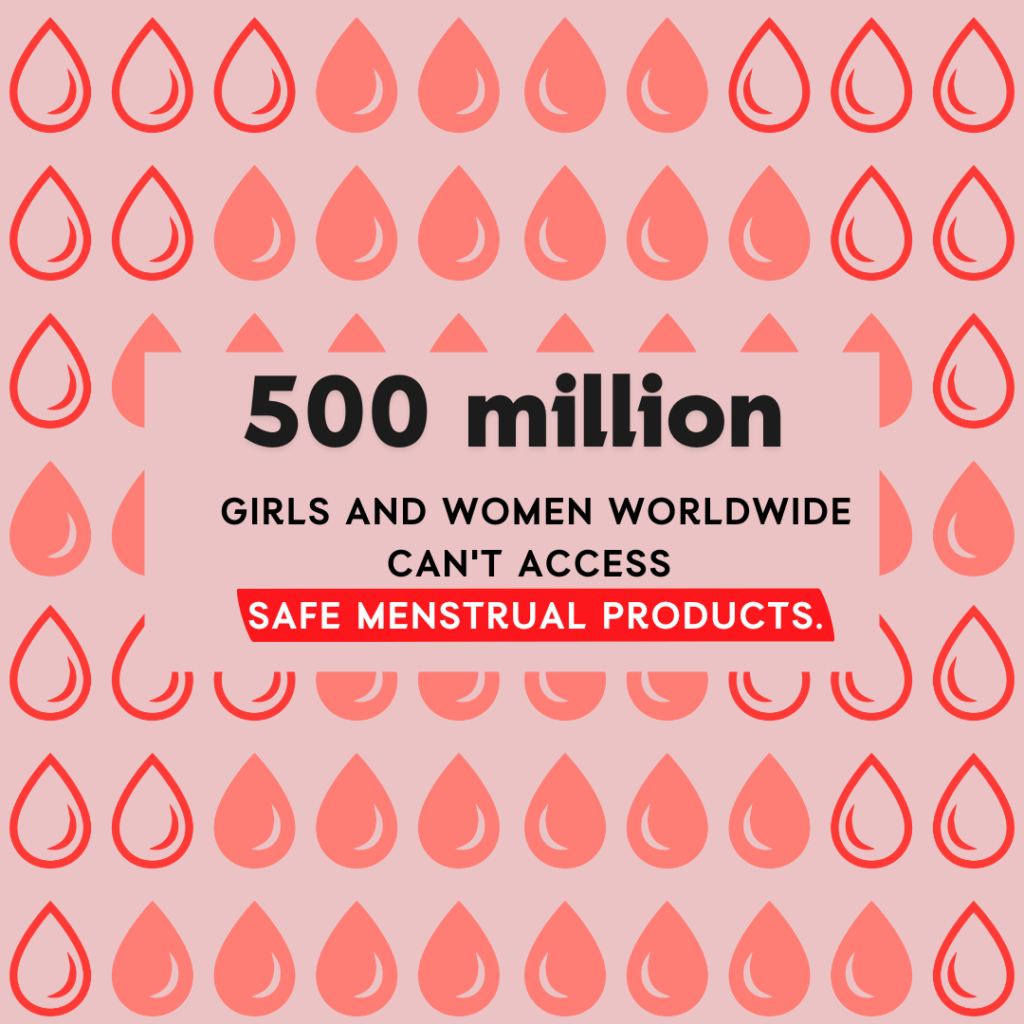 Infographic highlighting that 500 million girls and women worldwide lack access to safe menstrual products, with red drop icons.