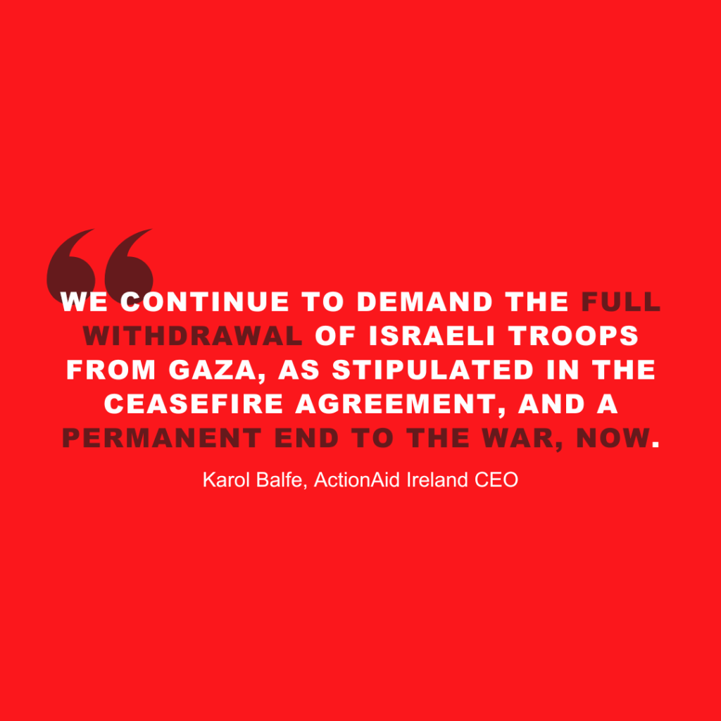Quote on red background demanding withdrawal of Israeli troops from Gaza for peace.