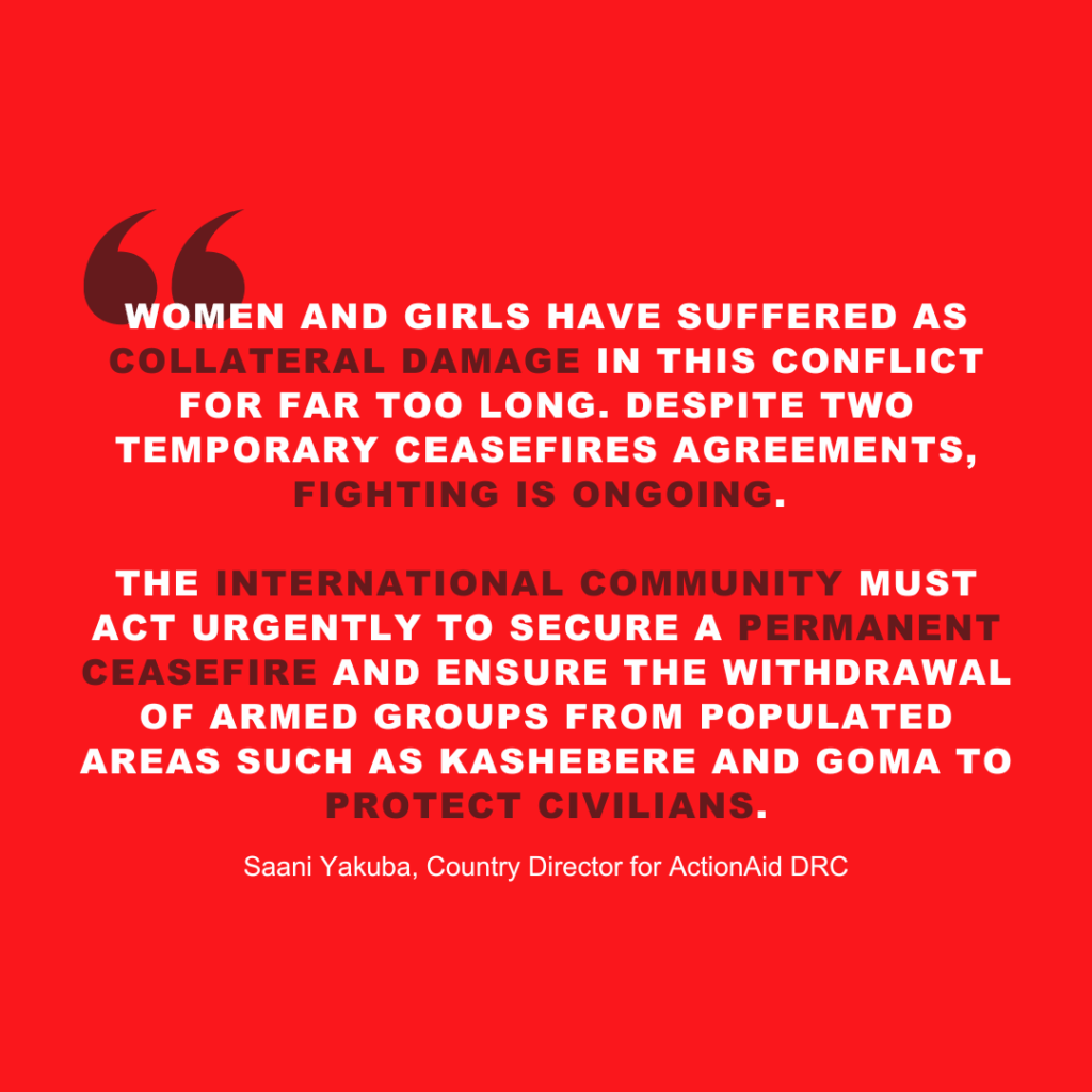 Red background quote about women's suffering and urgent call for ceasefire in conflict zones by ActionAid DRC.