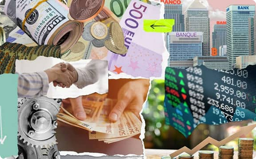 Collage of financial themes: currency, stock market, handshake, bank buildings, coins, gears, and economic growth chart.