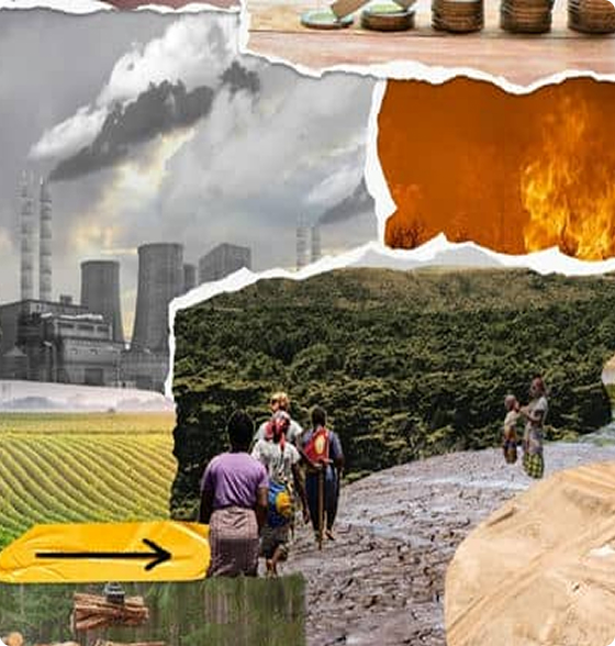 Collage illustrating climate change: pollution, deforestation, wildfires, farming, and communities affected by global warming.