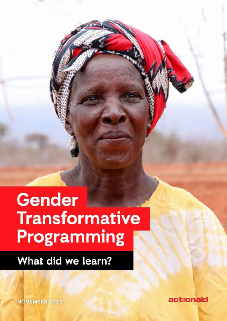 Elderly woman in colorful headscarf; Gender Transformative Programming: What did we learn? text overlay, November 2023.