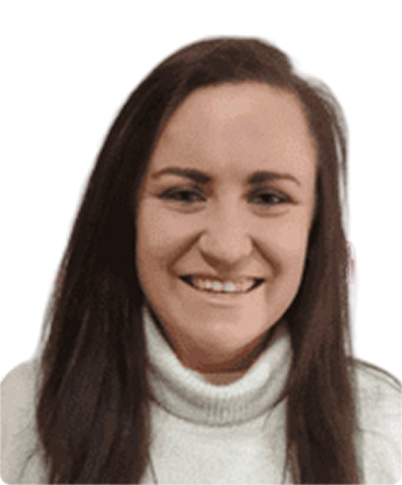 Smiling woman in a white turtleneck sweater, with long brown hair, isolated on a plain background.