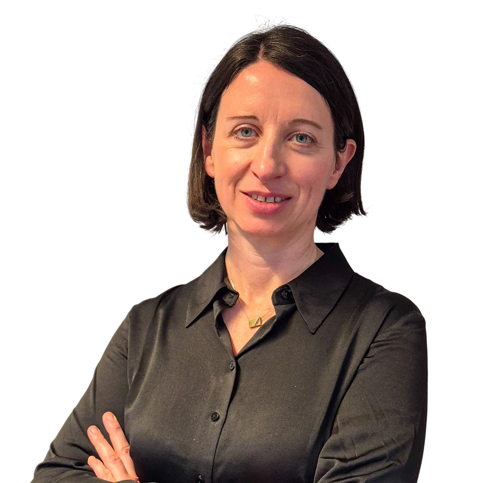 Person in black shirt with arms crossed, smiling confidently.