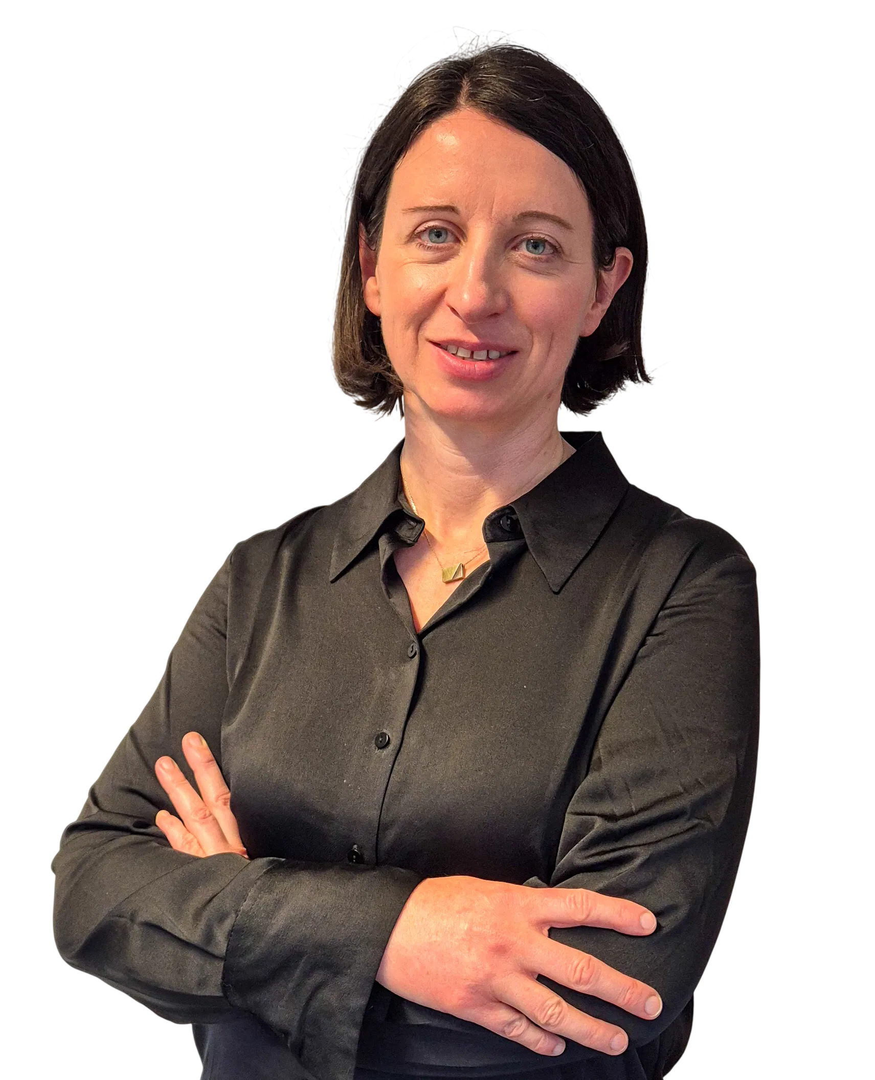Confident professional woman in black shirt, arms crossed, isolated on white background.