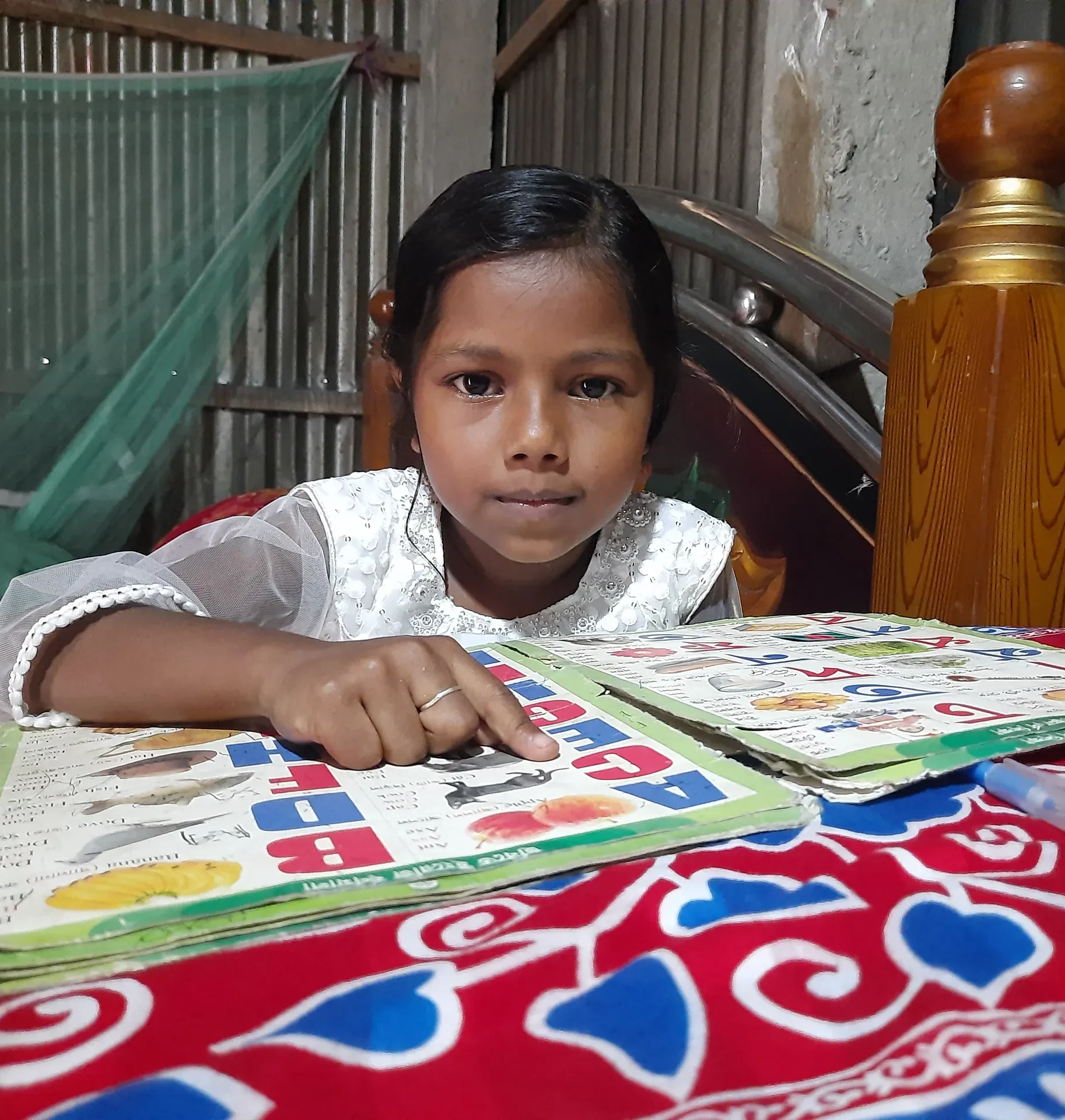 Child reading an educational book at home, focusing on alphabet learning.