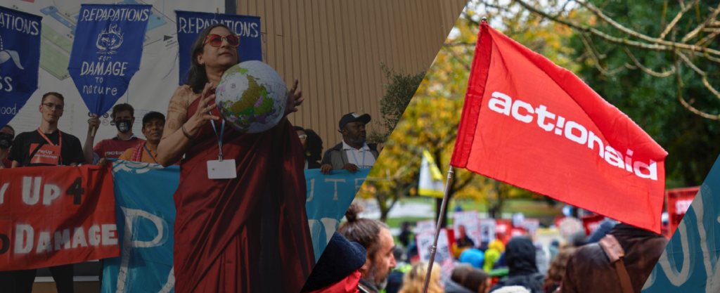 Protesters demand climate reparations and action against environmental damage, holding banners and flags at a rally.